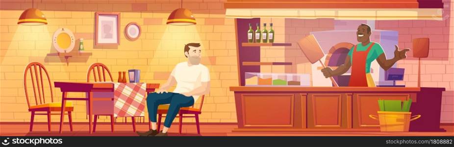 Visitor in pizzeria, man sit at cafe table, baker hold pizza shovel stand near oven at cashier desk. Cozy place in rustic style, food court cafeteria with wood furniture, Cartoon vector illustration. Visitor in pizzeria , man sit at cafe table, baker