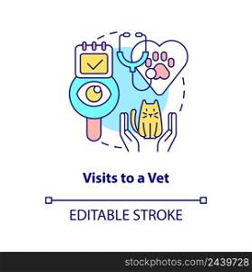 Visits to vet concept icon. Pet wellness tip abstract idea thin line illustration. Routine veterinary clinic visit. Isolated outline drawing. Editable stroke. Arial, Myriad Pro-Bold fonts used. Visits to vet concept icon