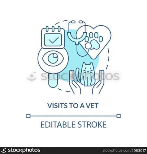 Visits to vet turquoise concept icon. Pet wellness tip abstract idea thin line illustration. Routine veterinary clinic. Isolated outline drawing. Editable stroke. Arial, Myriad Pro-Bold fonts used. Visits to vet turquoise concept icon