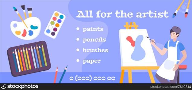 Visual art poster with paints pencils brushes paper flat vector illustration. Visual Art Poster