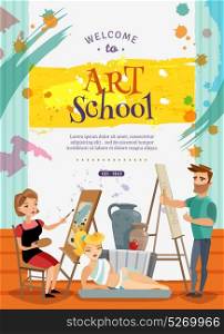 Visual Art School Classes Offer Poster. Art school courses on painting and graphic design creative cartoon invitation poster with live model vector illustration
