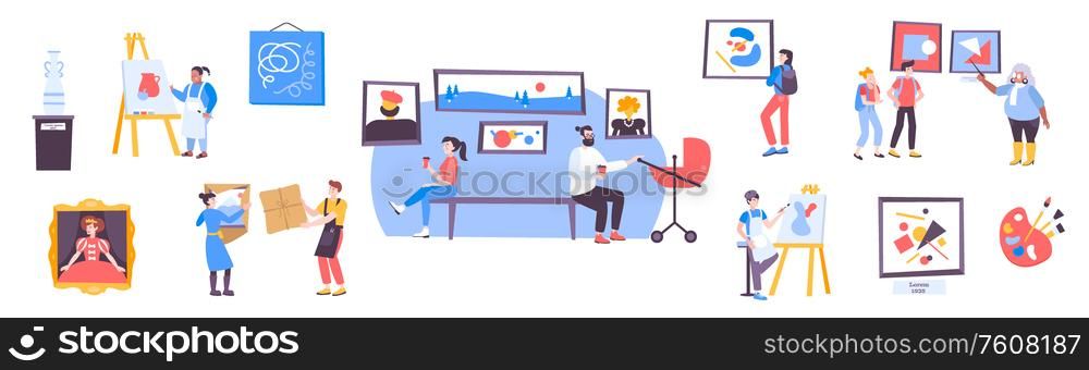 Visual art set with picture gallery flat isolated vector illustration. Visual Art Set