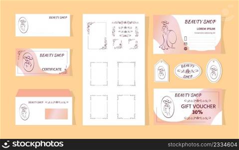 Visual brand identity, corporate style. Beauty parlor, fashion design template set with floral elements. Retro vector templates of certificate, voucher, envelope, sticker, tag, business card. Beauty shop corporate identity. Image of a lady in evening dress with mirror. Bonus hand drawn floral frames, flourishes