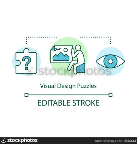 Visual design puzzles concept icon. Interactive game idea thin line illustration. Optical illusion riddles. Different puzzle types. Vector isolated outline drawing. Editable stroke
