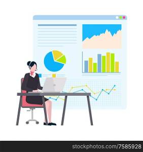 Visual information on whiteboard vector, woman working on laptop wearing headset. Person with headphones looking at computer monitor, info analyze. Woman Working on Computer, Board with Data Charts