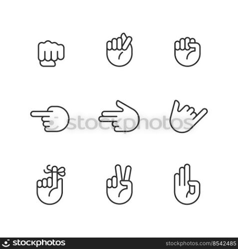 Visual messages by hands pixel perfect linear icons set. Traditional gestures. Body language information. Customizable thin line symbols. Isolated vector outline illustrations. Editable stroke. Visual messages by hands pixel perfect linear icons set