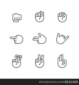 Visual messages by hands pixel perfect linear icons set. Traditional gestures. Body language information. Customizable thin line symbols. Isolated vector outline illustrations. Editable stroke. Visual messages by hands pixel perfect linear icons set