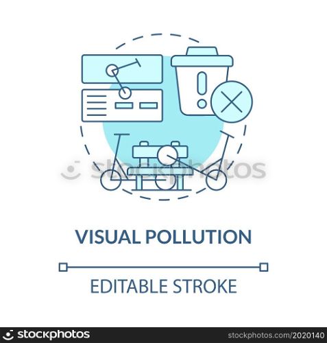 Visual pollution blue concept icon. Scooter sharing problem abstract idea thin line illustration. Blocked sidewalks risk. Visual clutter. Vector isolated outline color drawing. Editable stroke. Visual pollution blue concept icon