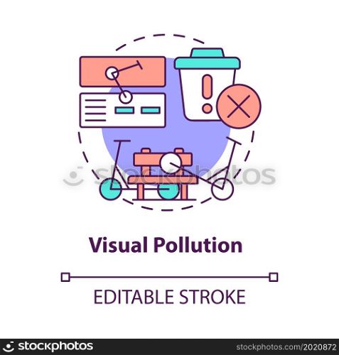 Visual pollution concept icon. Scooter sharing problem abstract idea thin line illustration. Irregular formation in urban places. Visual clutter. Vector isolated outline color drawing. Editable stroke. Visual pollution concept icon