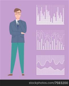 Visual representation in charts vector, man standing in confident posture, male working with stats and information, charts and flowcharts monochrome. Infographics and Male, Businessman with Data Set