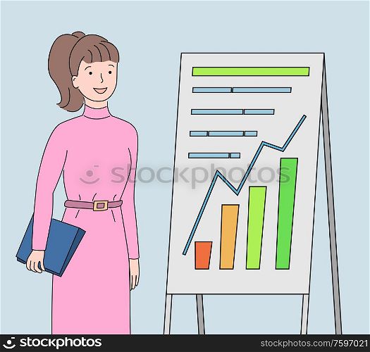 Visual representation of information vector, woman with clipboard and charts, whiteboard with stats on business project, businesslady researching analytics. Secretary with Information on Board, Visualization