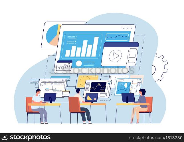 Visual statistics. Data visualization, creative office people and dashboard. Business technology, working programmers vector. Data infographic, digital statistics analysis, dashboard illustration. Visual statistics. Data visualization, creative office people and digital dashboard. Business technology, working programmers vector concept