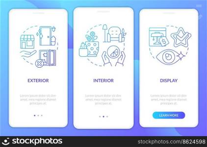 Visualization in retail marketing blue gradient onboarding mobile app screen. Walkthrough 3 steps graphic instructions with linear concepts. UI, UX, GUI template. Myriad Pro-Bold, Regular fonts used. Visualization in retail marketing blue gradient onboarding mobile app screen