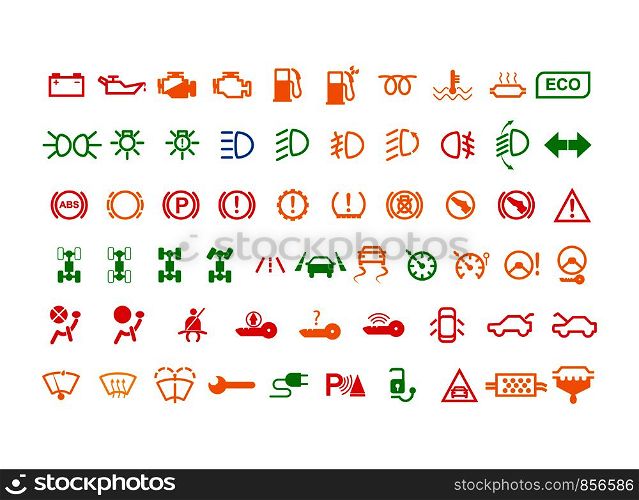 Visualization of control systems of the car. Set of 60 indicators for car dashboard, flat design