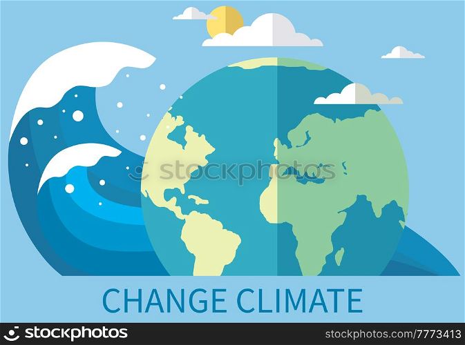 Visualization of warm and cold weather. Tsunami heading towards planet. Two sides of Earth with different weather. Climate and environmental change on planet. Globe surrounded by clouds, sun and wave. Climate and environmental change on planet Earth. Globe surrounded by clouds, sun and wave