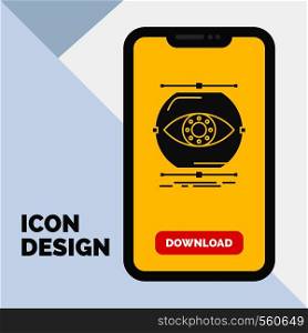visualize, conception, monitoring, monitoring, vision Glyph Icon in Mobile for Download Page. Yellow Background. Vector EPS10 Abstract Template background