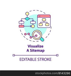 Visualize sitemap concept icon. Webpages relationship. Advanced SEO abstract idea thin line illustration. Isolated outline drawing. Editable stroke. Arial, Myriad Pro-Bold fonts used. Visualize sitemap concept icon