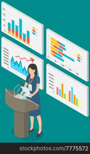 Visualize with business analytics. People work with statistical data analysis, changing indicators. Employees analyze statistical indicators, business data. Characters work with marketing research. Employees analyze statistical indicators, business data. Characters work with marketing research