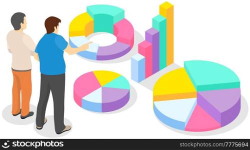 Visualize with business analytics. People work with statistical data analysis, changing indicators. Employees analyze statistical indicators, business data. Characters work with marketing research. Employees analyze statistical indicators, business data. Characters work with marketing research