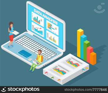 Visualize with business analytics. People work with statistical data analysis, changing indicators. Employees analyze statistical indicators, business data. Characters work with marketing research. Employees analyze statistical indicators, business data. Characters work with marketing research