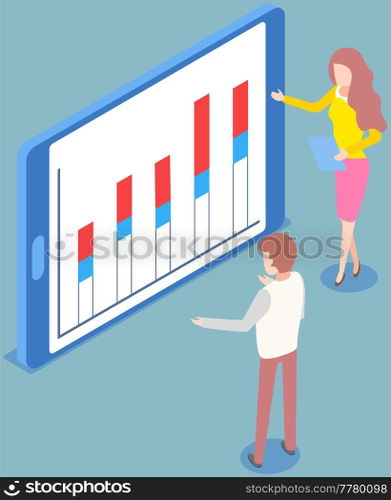 Visualize with business analytics. People work with statistical data analysis, changing indicators. Employees analyze statistical indicators, business data. Characters work with marketing research. Employees analyze statistical indicators, business data. Characters work with marketing research