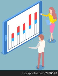 Visualize with business analytics. People work with statistical data analysis, changing indicators. Employees analyze statistical indicators, business data. Characters work with marketing research. Employees analyze statistical indicators, business data. Characters work with marketing research
