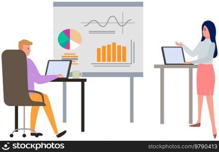 Visualize with business analytics. People work with statistical data analysis, changing indicators. Employees analyze statistical indicators, business data. Characters work with marketing research. Employees analyze statistical indicators, business data. Characters work with marketing research