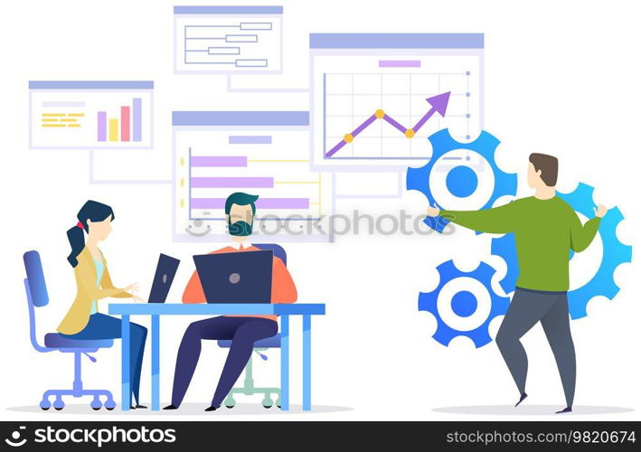 Visualize with business analytics. People work with statistical data analysis, changing indicators. Employees analyze statistical indicators, business data. Characters work with marketing research. Employees analyze statistical indicators, business data. Characters work with marketing research