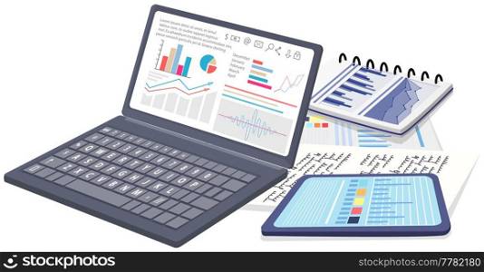 Visualize with business analytics. Work with statistical data analysis, changing indicators. Analyze statistical indicators, business data. Marketing research for presentation. Data financial report. Analyze statistical indicators, business data. Work with marketing research. Data analysis isometric