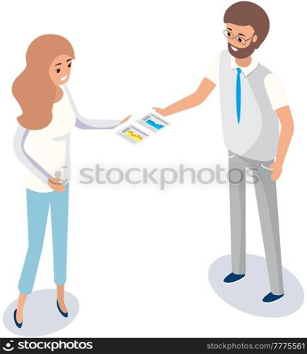 Visualize with graph and chart changes. People work with statistical data analysis, changing indicators. Employees doing paperwork isolated on white background. Man gives woman statistical report. Man gives woman sheet of paper with statistical report. People work with statistics, data analysis