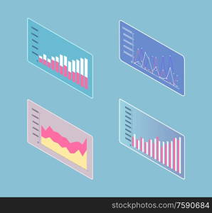 Visualized information on boards vector. Isolated isometric 3d icons of screen with business info and statistics, analytics and flowcharts on monitors. Infographics and Infocharts Tables on Screen 3D