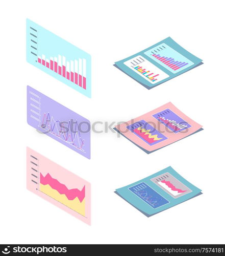 Visualized information on paper documents and screens vector. Infographics and info charts with results of business project, flowcharts with numeric data. Digital Marketing Infographics and Infocharts