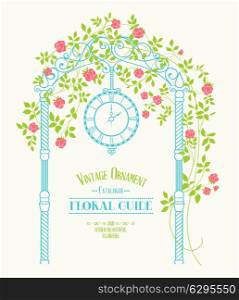 Vitage label for floral guide with wedding arch and roses over gray background. Vector illustration.