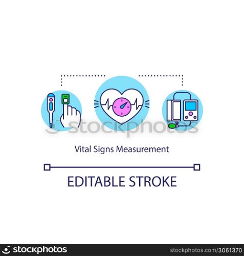 Vital signs measurement concept icon. Health condition exam idea thin line illustration. Heart rate, blood pressure and sugar level check. Vector isolated outline RGB color drawing. Editable stroke. Vital signs measurement concept icon
