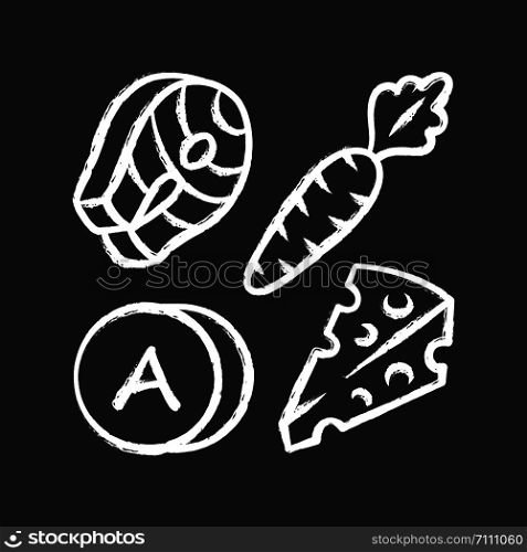Vitamin A chalk icon. Carrot, fish and cheese. Healthy food. Vitamins natural food source. Healthy nutrition. Vegetables, dairy products. Minerals, antioxidant. Isolated vector chalkboard illustration