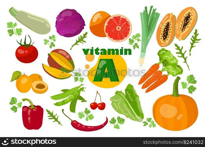 Vitamin A-enriched vegetable cartoon illustration set. Organic asparagus, pumpkin, carrot, pepper, beans, tomato, mango, cabbage containing carotene. Healthcare, nutrition concept