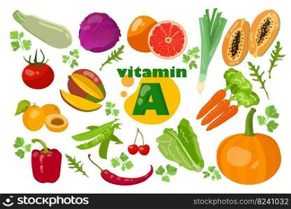 Vitamin A-enriched vegetable cartoon illustration set. Organic asparagus, pumpkin, carrot, pepper, beans, tomato, mango, cabbage containing carotene. Healthcare, nutrition concept