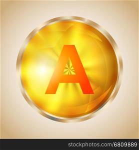 Vitamin A gold shining pill icon. Retinol capsule symbol. Vector illustration.. Vitamin A icon