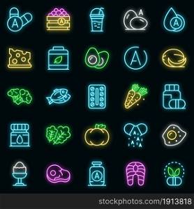 Vitamin a icons set. Outline set of vitamin a vector icons neon color on black. Vitamin a icons set vector neon