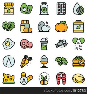 Vitamin a icons set. Outline set of vitamin a vector icons thin line color flat on white. Vitamin a icons set vector flat