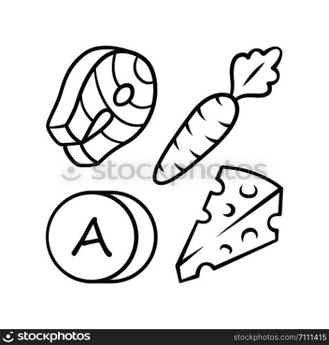 Vitamin A linear icon. Carrot, fish and cheese. Healthy food. Vitamins natural food source. Minerals, antioxidants. Thin line illustration. Contour symbol. Vector isolated drawing. Editable stroke