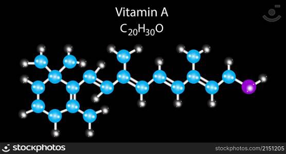 Vitamin A molecule structure. Retinol acetate skeletal formula. Black background. Vector illustration. Stock image. EPS 10.. Vitamin A molecule structure. Retinol acetate skeletal formula. Black background. Vector illustration. Stock image.