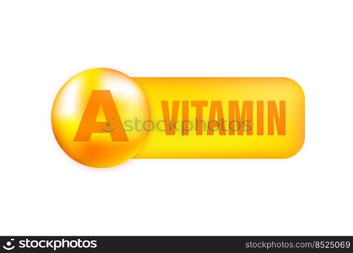 Vitamin A with realistic drop on gray background. Particles of vitamins in the middle. Vector illustration. Vitamin A with realistic drop on gray background. Particles of vitamins in the middle. Vector illustration.