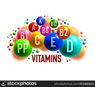 Vitamin and mineral complex banner of healthy food supplement. Colorful ball and pill of multivitamin medical poster for health care and pharmacy themes design. Vitamin, mineral banner of healthy food supplement