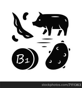 Vitamin B1 glyph icon. Potato, pork and green bean. Healthy eating. Thiamin natural food source. Silhouette symbol. Negative space. Vector isolated illustration