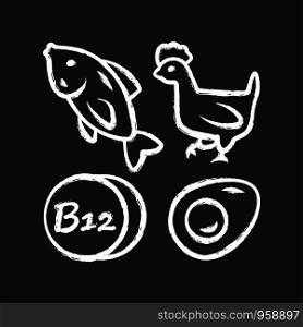 Vitamin B12 chalk icon. Fish, poultry and egg. Healthy eating. Cobalamin natural food source. Proper nutrition. Minerals, antioxidants. Isolated vector chalkboard illustration
