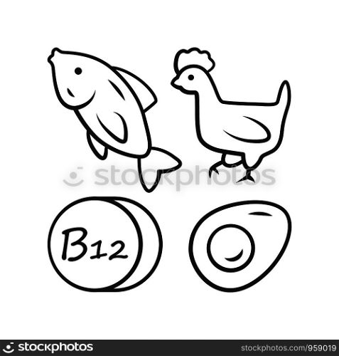 Vitamin B12 linear icon. Fish, poultry and egg. Healthy eating. Cobalamin food source. Minerals, antioxidants. Thin line illustration. Contour symbol. Vector isolated outline drawing. Editable stroke