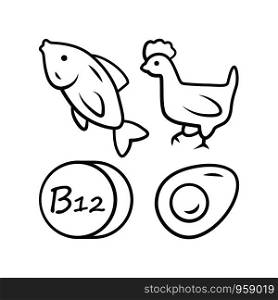 Vitamin B12 linear icon. Fish, poultry and egg. Healthy eating. Cobalamin food source. Minerals, antioxidants. Thin line illustration. Contour symbol. Vector isolated outline drawing. Editable stroke