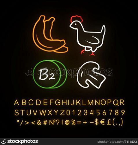 Vitamin B2 neon light icon. Bananas, poultry and mushroom. Healthy eating. Riboflavin natural food source. Proper nutrition. Glowing sign with alphabet, numbers, symbols. Vector isolated illustration