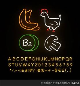 Vitamin B2 neon light icon. Bananas, poultry and mushroom. Healthy eating. Riboflavin natural food source. Proper nutrition. Glowing sign with alphabet, numbers, symbols. Vector isolated illustration